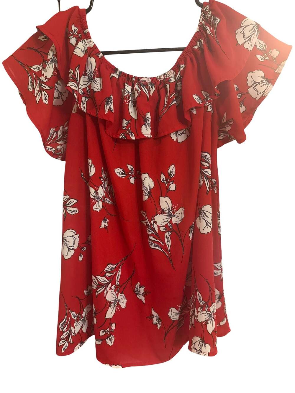 Cherish Red Floral Off-the-Shoulder Ruffle Flounce Blouse